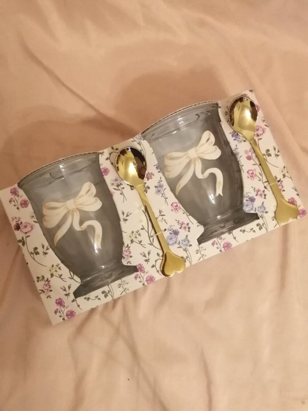 Glass Mugs and Heart-handled Spoons Gift Set, NIB